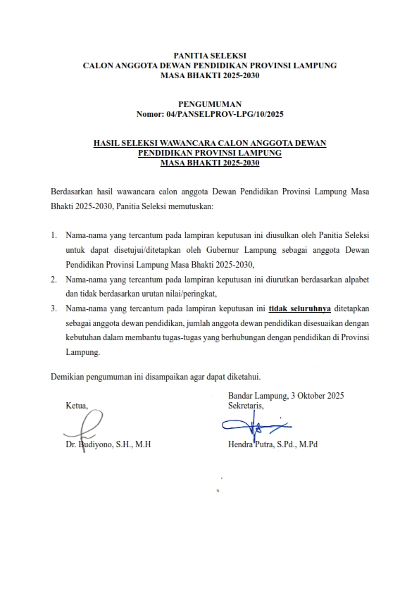 HASIL SELEKSI WAWANCARA CALON ANGGOTA DEWAN PENDIDIKAN PROVINSI LAMPUNG MASA BHAKTI 2025-2030